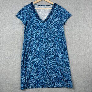 Lilly Pulitzer Dress Womens L Leopard Print Pima Cotton Pom Pon V Neck Sundress